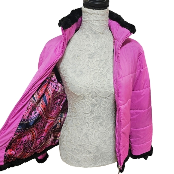 Spyder Pink Full Zip Front Puffer Jacket Black Faux Fur Trim Size 4 Outdoor Snow - Picture 9 of 12